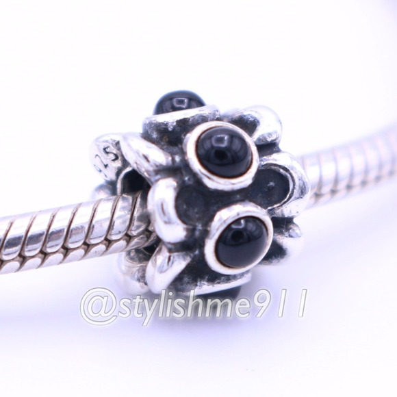 Authentic PANDORA Sterling Silver Forget Me Not Onyx Charm - 790470O - Picture 2 of 10